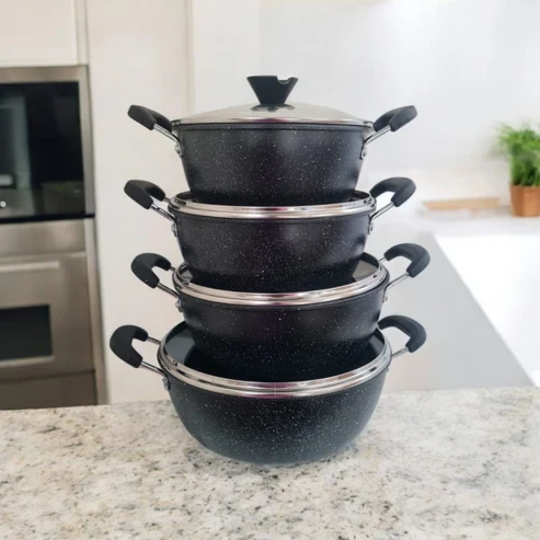 8-piece thickened soup pot with wire handles, black marble finish, large size (24/26/28/30 cm)