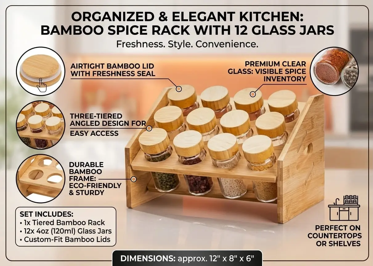 Bamboo Spice Rack with 12 Glass Jars