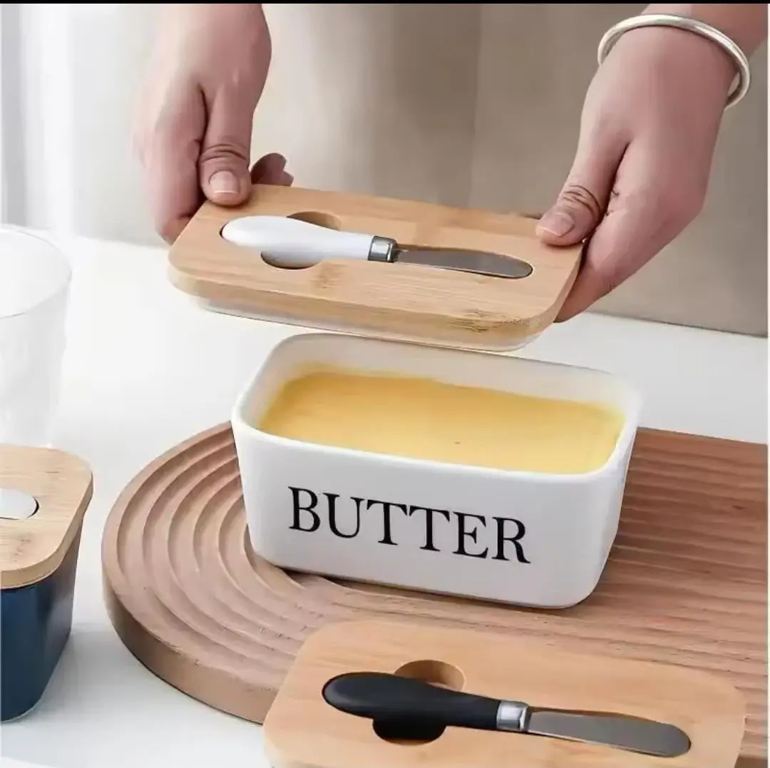 Ceramic Butter Dish with Lid and Knife