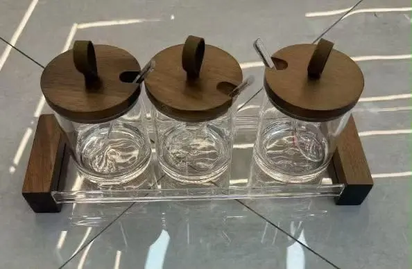 Glass Spice Jar Set with Wooden Lids and Tray